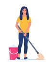 Woman washing the floor. House cleaning concept. Housewife cleaning the house. Vector illustration in a flat style