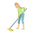 Woman Washing Floor With The Mop, Cartoon Adult Characters Cleaning And Tiding Up Royalty Free Stock Photo