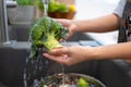 Woman washing fresh green broccoli in kitchen sink, closeup Royalty Free Stock Photo