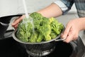 Woman washing fresh green broccoli in kitchen sink Royalty Free Stock Photo