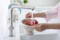 Woman washing fresh ripe tomatoes under tap water in kitchen, closeup Royalty Free Stock Photo