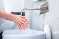 Woman washing hands with foam soap. Hygiene, preventing coronavirus