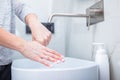 Woman washing hands with foam soap. Hygiene, preventing coronavirus