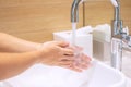 Woman Washing hands with liquid soap and tap water, Interlink fingers, against Novel coronavirus or Corona Virus Disease Covid-19