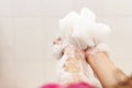 Woman washing hands with a sponge in the bathroom. Female washing arms with a foamy sponge in the bath. Body care and clean