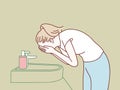 Woman washing her face with water over the bathroom sink simple korean style illustration