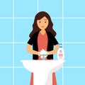 A woman washing her hands in the sink concept vector illustration. Washing hands under faucet with soap and water. Virus and germs