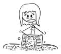 Woman Washing or Laundering Clothes on Washboard, Vector Cartoon Stick Figure Illustration