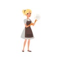 Woman washing plate with sponge. Cartoon character of blond girl. Maid in uniform with rubber gloves and apron. Cleaning