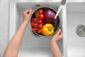 Woman washing fresh vegetables in kitchen sink, top view Royalty Free Stock Photo