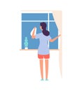 Woman washing window. Housework, cleaning service worker. Flat female with cloth, girl or housewife looking at street Royalty Free Stock Photo