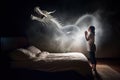 A woman watches a large dragon fly in the bedroom in the smoke next to the bed. Generative AI
