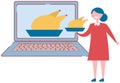 Woman watches recipe video on laptop. Lady prepares turkey or chicken dish with online tutorial