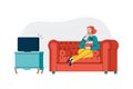 Woman watches TV and eats popcorn at home, cartoon vector illustration isolated. Royalty Free Stock Photo