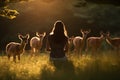 Woman watching family of deer graze in sunlit meadow. Generative AI Royalty Free Stock Photo