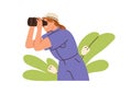 Woman watching, looking through binoculars. Curious surprised amazed shocked girl spying observing, exploring nature on