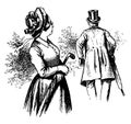 Woman Watching Man Walk, vintage illustration