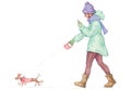 Woman is watching mobile and walking with a dog