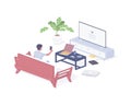 Woman watching tv while relaxing at home isometric illustration. Female character turns on device with favorite movie.