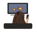 Woman watching TV with remote control in hand, view from behind. Vector illustration, isolated on white.