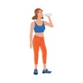 Woman with water. Fitness girl drinking. People drink. Hand drawn character with bottle, lady in sport suit active