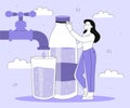 Woman with water from tap vector line concept