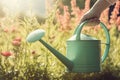 Woman with watering can in garden. AI generated