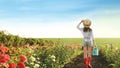 Woman with watering can walking near rose bushes. Gardening tool Royalty Free Stock Photo