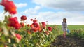 Woman with watering can walking near rose bushes. Gardening tool Royalty Free Stock Photo