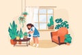 Woman watering flowers. Cartoon girl taking care of plants. Decorate room with houseplants, home interior. Ficuses pots Royalty Free Stock Photo