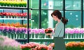 woman watering flowers. woman collects a bouquet in a glassed flower shop