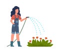 Woman watering flowers in garden. Female character gardener with hose takes care of growing plants. Flat cartoon vector