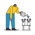 Woman watering house plants. Cartoon female caring of houseplants and beautiful blossoming flowers