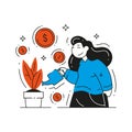 Woman watering houseplant with cash coin dollar money growth concept vector flat illustration