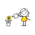 Woman is watering a money tree with a watering can. Boy gardener grows plant. Green economy and funding concept. Vector Royalty Free Stock Photo