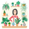 Woman watering and planting houseplants. Green garden and flowers pots at home. Gardening hobby. Taking care of Royalty Free Stock Photo