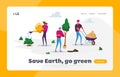 Woman Watering Tree Landing Page Template. Global Warming. Tiny Characters Care of Plants to Reduce Air Pollution Royalty Free Stock Photo