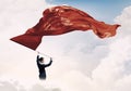 Woman waving red flag . Mixed media Royalty Free Stock Photo