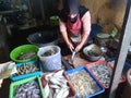 Woman sell shrimp and fish on traditional market on Godong city on April 15th 2023