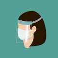 Woman wear protective medical facial mask with face shield cartoon geometric design icon vector illustration.