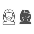 Woman wear respirator mask line and solid icon. Masked female person outline style pictogram on white background