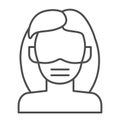 Woman wear respirator mask thin line icon. Masked female person outline style pictogram on white background. Coronavirus