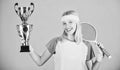 Woman wear sport outfit. Tennis player win championship. First place. Sport achievement. Celebrate victory. Tennis