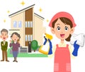 A woman wearing an apron holding cleaning tools and a senior couple in front of a shiny house