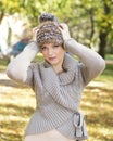 Woman wearing autumn wool sweater and hat