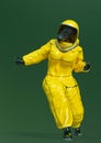 Woman wearing a biohazard suit in action