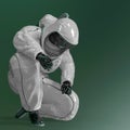 Woman wearing a biohazard suit searching side view