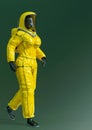 Woman wearing a biohazard suit is walking