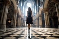 A woman wearing a black dress stands in a peaceful church, Female tourist sightseeing at St Joseph\'s Cathedral, f