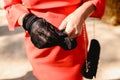 Woman wearing black gloves and elegant red party dress Royalty Free Stock Photo